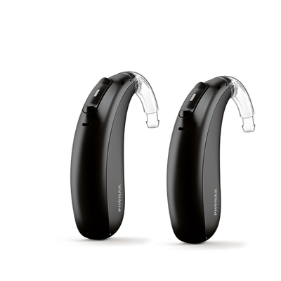 A pair of Phonak Lumity Naida L90 hearing aids velvet black.