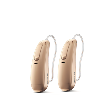 Two Phonak Lumity hearing aids in beige.