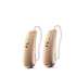 Two Phonak Lumity hearing aids in beige.