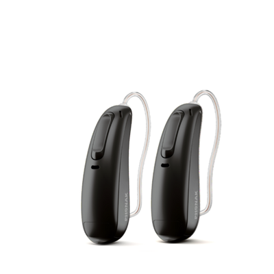 Two Phonak Lumity hearing aids in velvet black.