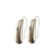 Two Phonak Lumity hearing aids in champagne.