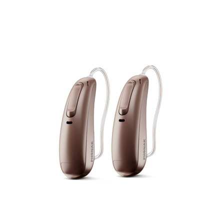 Two Phonak Lumity hearing aids in chestnut.