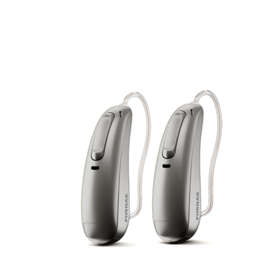 Two Phonak Lumity hearing aids in graphite gray