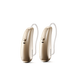 Two Phonak Lumity hearing aids in sand beige.