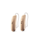 Two Phonak Lumity hearing aids in beige.
