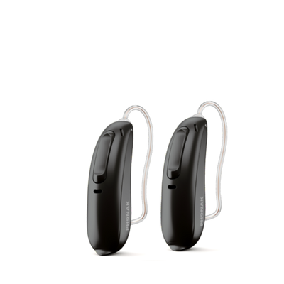 Two Phonak Lumity hearing aids in velvet black.