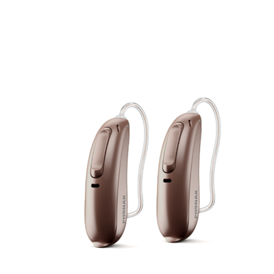 Two Phonak Lumity hearing aids in chestnut.