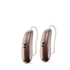 Two Phonak Lumity hearing aids in chestnut.