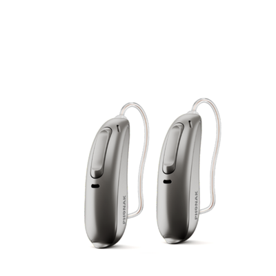 Two Phonak Lumity hearing aids in graphite gray.