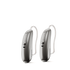 Two Phonak Lumity hearing aids in graphite gray.