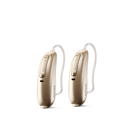 Two Phonak Lumity hearing aids in sand beige.