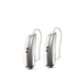 Two Phonak Lumity hearing aids in silver gray.