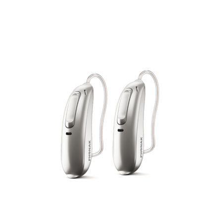 Two Phonak Lumity hearing aids in silver gray.