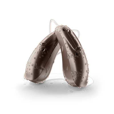 A pair of Phonak Lumity L50 hearing aids in brown with water droplets.