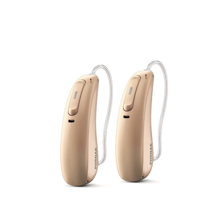 Two Phonak Lumity L50 hearing aids in beige.