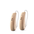 Two Phonak Lumity L70 hearing aids in beige.