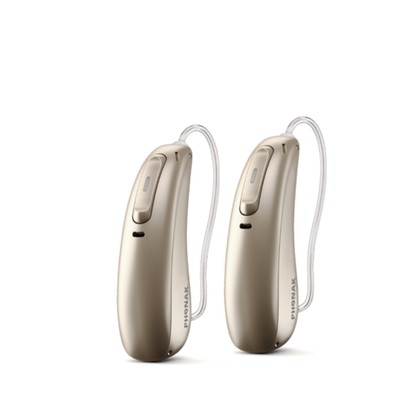 Two Phonak Lumity L50 hearing aids in champagne.