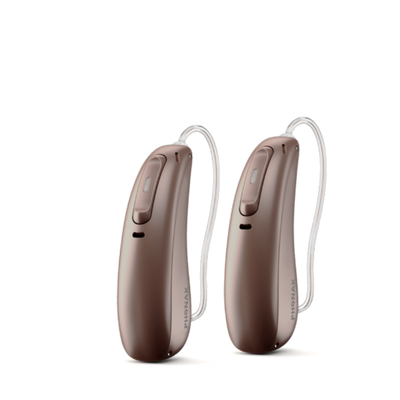 Two Phonak Lumity hearing aids in chestnut.