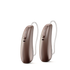 Two Phonak Lumity hearing aids in chestnut.