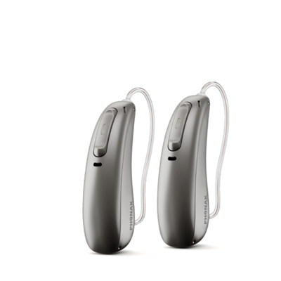 Two Phonak Lumity hearing aids in graphite gray.