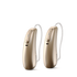 Two Phonak Lumity L50 hearing aids in sandbeige.