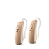 Two Phonak Lumity hearing aids in beige.
