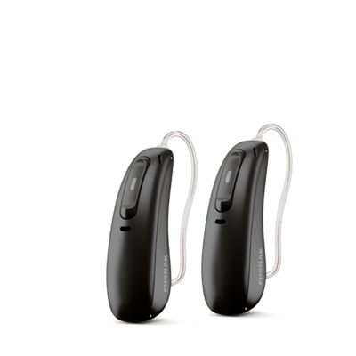 Two Phonak Lumity hearing aids in velvet black.