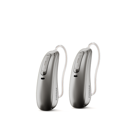Two Phonak Lumity hearing aids in graphite gray.
