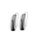 Two Phonak Lumity hearing aids in graphite gray.