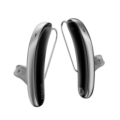 A pair of Signia Styletto IX 7 kit hearing aids in black and silver.
