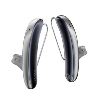 A pair of Signia Styletto IX 7 kit hearing aids in cosmic blue and silver.
