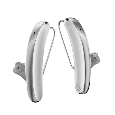 A pair of Signia Styletto IX 3 kit hearing aids in white and silver.