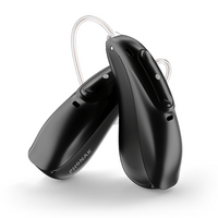 A pair of Black Phonak Lumity hearing aids