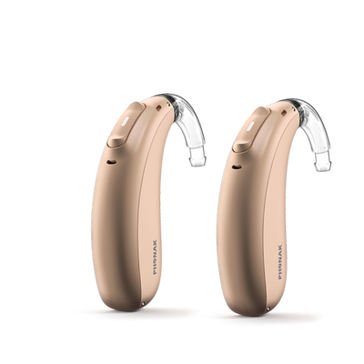 A pair of Phonak Lumity Naida L70 hearing aid beige.