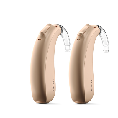 A pair of Phonak Lumity Naida L70 hearing aid beige.