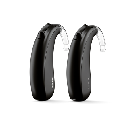 A pair of Phonak Lumity Naida L50 hearing aids velvet black.