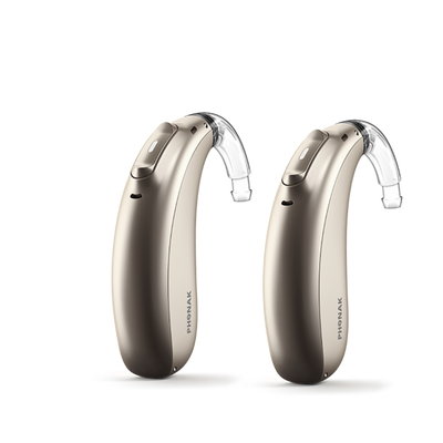 A pair of Phonak Lumity Naida L70 hearing aids Champagne.
