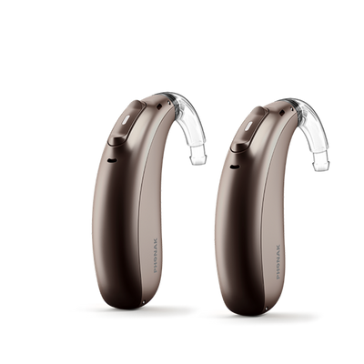 A pair of Phonak Lumity Naida L50 hearing aids chestnut.