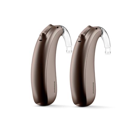 A pair of Phonak Lumity Naida L70 hearing aids chestnut.