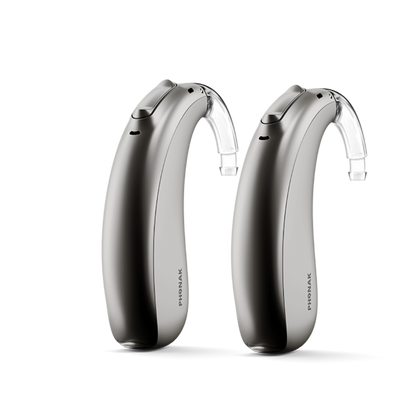 A pair of Phonak Lumity Naida P90 hearing aid graphite gray.