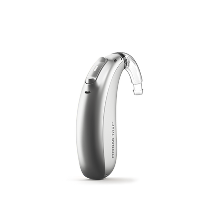 Phonak Lumity Naida P90 hearing aid silver gray.