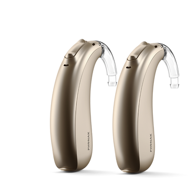 A pair of Phonak Lumity Naida L70 hearing aids chestnut.