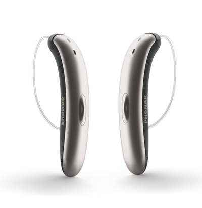 A pair of Phonak Slim L70 hearing aids in Silver/Black