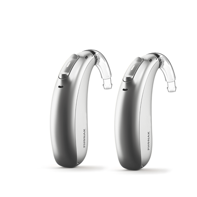 A pair of Phonak Lumity Naida L70 hearing aid silver gray.