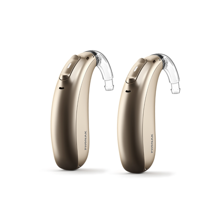 A pair of Phonak Lumity Naida P90 hearing aid sand beige.