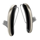 A pair of Signia Styletto AX hearing aids in gold and black