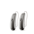 Two Phonak Lumity L50 hearing aids in silver grey.