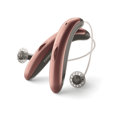 Two Phonak Slim L90 hearing aids in Copper/Black