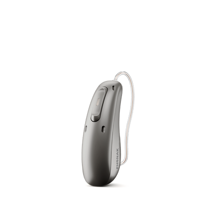 Phonak Lumity L70 hearing aid in graphite gray.