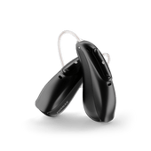 Pair of Phonak Lumity hearing aids in black.